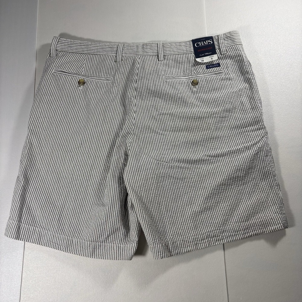 Chaps Seersucker Flat Front Shorts Men's 38x9 Gray White Stripe Cotton Preppy